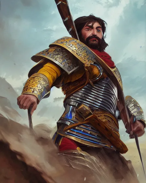 Prompt: portrait of a spanish conquistador in battle, by daniel zrom and mingchen shen, studio ghibli color scheme, detailed, handsome, anatomy, sharp focus, photography, magic : the gathering, octane, cinematic lighting, facial features, clear face, realistic face, golden ratio