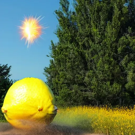 Prompt: a giant lemon hitting the earth creating an explosion