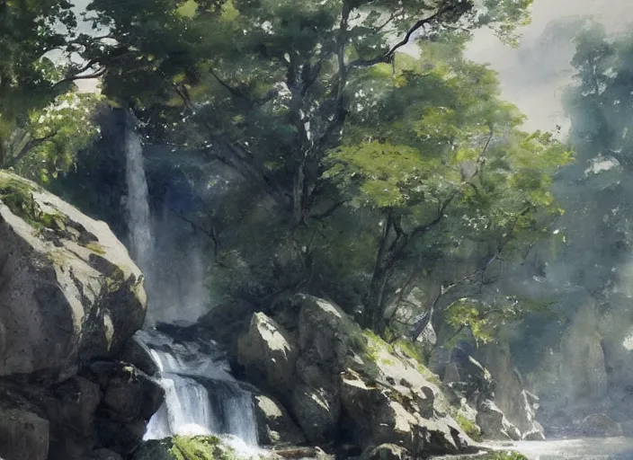 Prompt: watercolor painting of wild waterfall, oak trees, rocky shore, sunshine, rustic stone cabin in horizon, art by anders zorn, wonderful masterpiece by greg rutkowski, very very very very very beautiful cinematic light, american romanticism by greg manchess, creation by tyler edlin