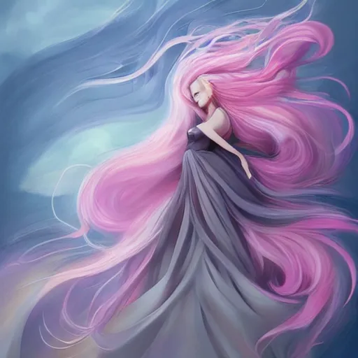 Prompt: digital painting, full body portrait, dynamic poses, anime face, joyful, epic, flowing dress, smooth, enigmatic, woman, pink and grey clouds, glowing flowing hair, by lois van baarle, by loish, sharp, trending on artstatio