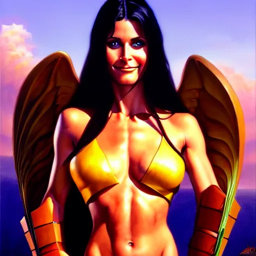 Image similar to portrait of young courtney cox as an amazon girl, full body, painted by stanley artgerm, boris vallejo, fantasy art, sleek curves, sharp focus, trending on artstation hq, deviantart