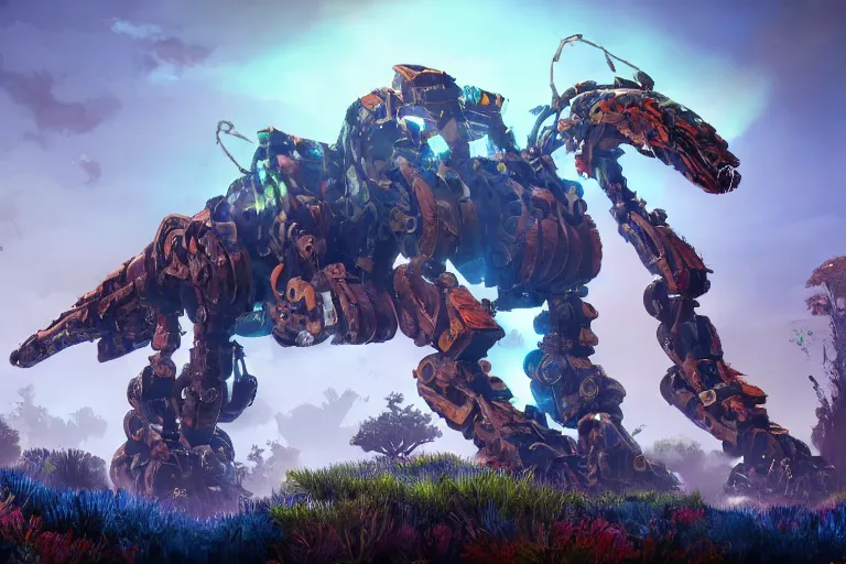 Image similar to clamberjaw machine mecha animal beast robot of horizon forbidden west horizon zero dawn bioluminiscence global illumination ray tracing hdr fanart arstation by sung choi and eric pfeiffer and gabriel garza and casper konefal