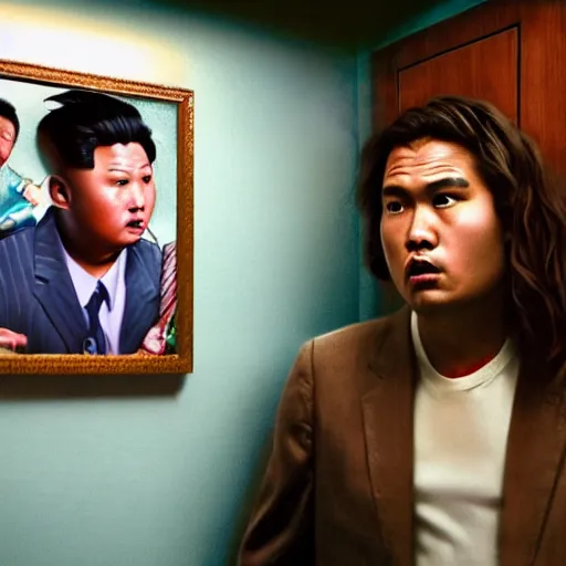 Image similar to hyperralism pineapple express movie still photography of hyperrealism detailed north korean kim chen with detailed face smoking weed in basement bedroom