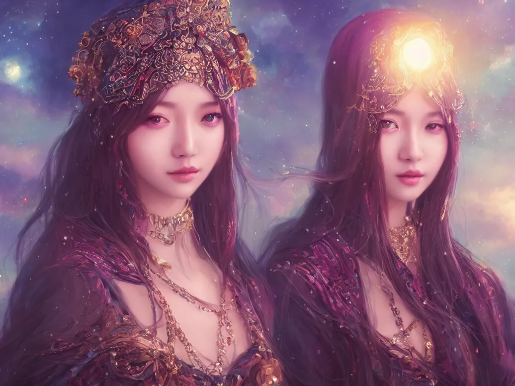 Prompt: masterpiece portrait charming and miracle female luxury astromancer boho accessories in dreamlike movie, kpop, high detailed face, art by artgerm, greg rutkowski, sasoura, satchely, ross tran, major starry sky and city in background, uhd, medium long shot, fantasy, twlight, no distorsion, sharp focus,
