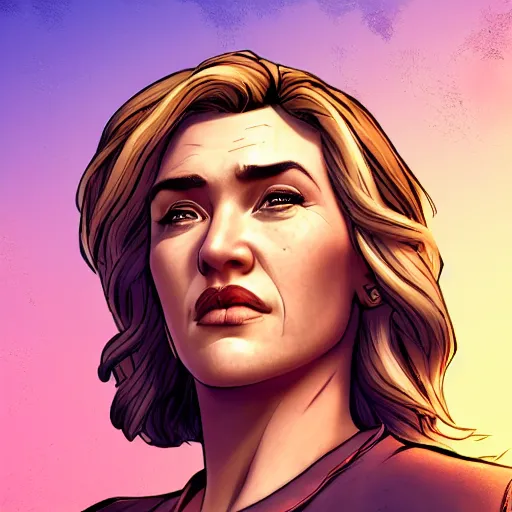 Image similar to kate winslet portrait, borderlands, tales from the borderlands, the wolf among us, comic, cinematic lighting, studio quality, 8 k