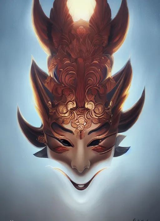 Image similar to a beautiful detailed oil on copper art illustration of a japanese kitsune hannya mask devil woman, centered, by charlie bowater, zeng fanzh, trending on artstation, dim dusk lighting, cinematic lighting, detailed lighting, volumetric lighting, realistic, f 8, 4 k hd wallpaper