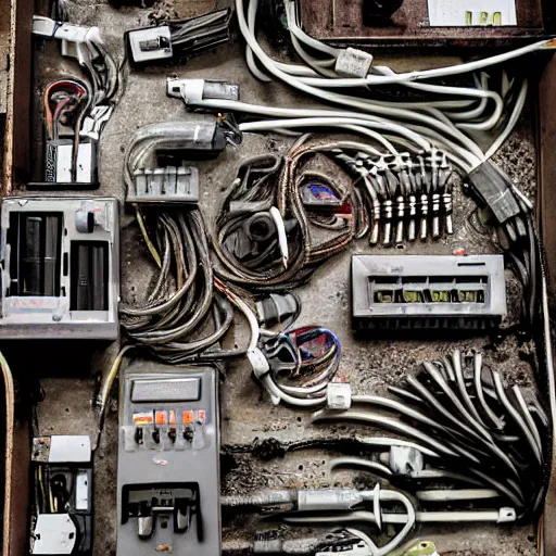 Image similar to boken machines, wiring cables, tendons, electrical damage, trashcore, grime grunge