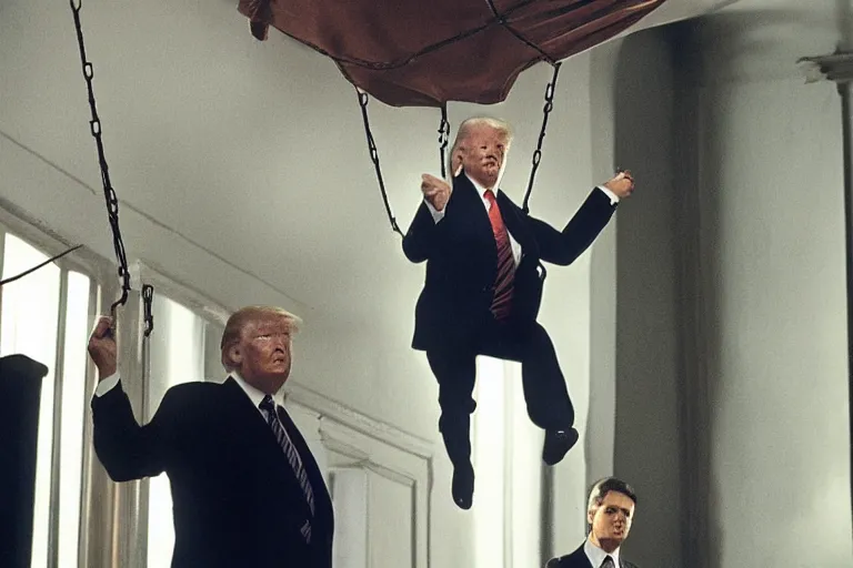 Prompt: donald trump as a spy hanging from a ceiling, breaking in, mission impossible photograph, tv show, cinematic