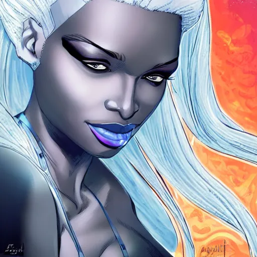 Prompt: Portrait of Ororo Munroe, a beautiful African woman in her 30s, with white hair and piercing blue eyes, symmetrical face, detailed face, soft face, gentle expression, graphic novel, art by Ardian Syaf and Pepe Larraz,