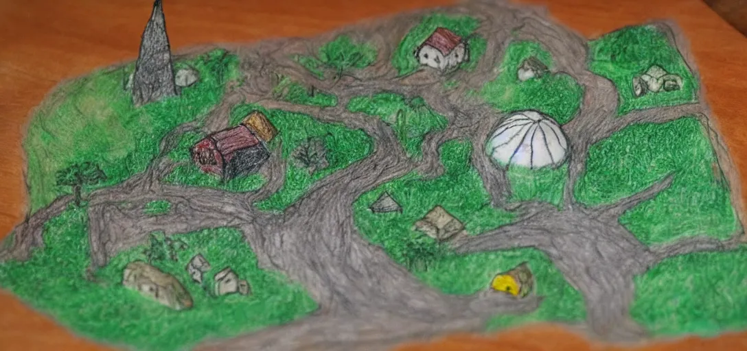 Image similar to The Shire poorly drawn in wax crayon by a five-year old