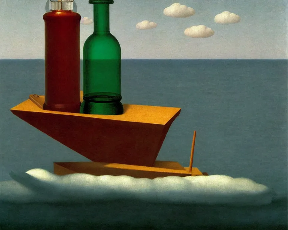 Prompt: a ship in a bottle by raphael, hopper, and rene magritte. detailed, proportional, romantic, enchanting, trending on artstation