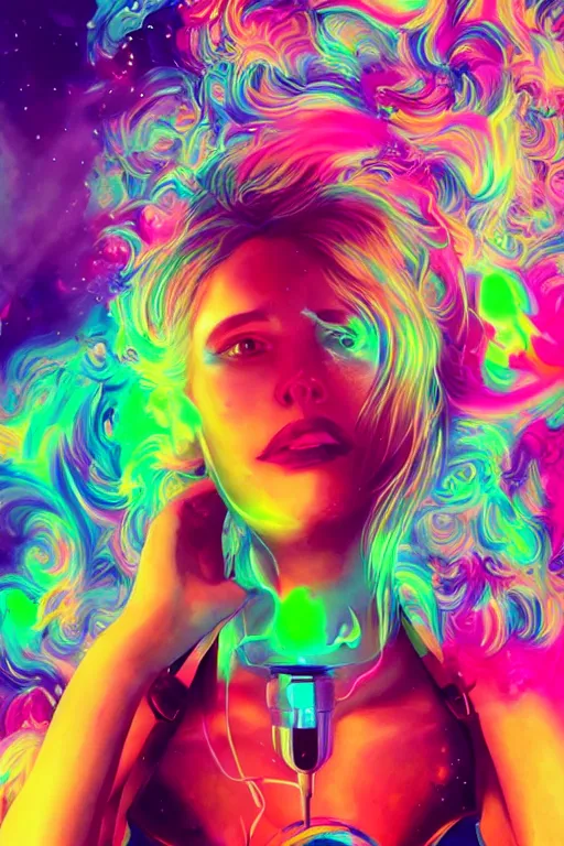 Image similar to a beautiful woman engulfed in colorful liquid clouds and neon smoke, extremely psychedelic experience, psilocybin, dmt, lsd, perfect face, synthwave, artstation, close - up, sharp focus, digital art, hana yata, and artem demura and beeple, lisa frank, cyberpunk, octane, unreal engine, 8 k