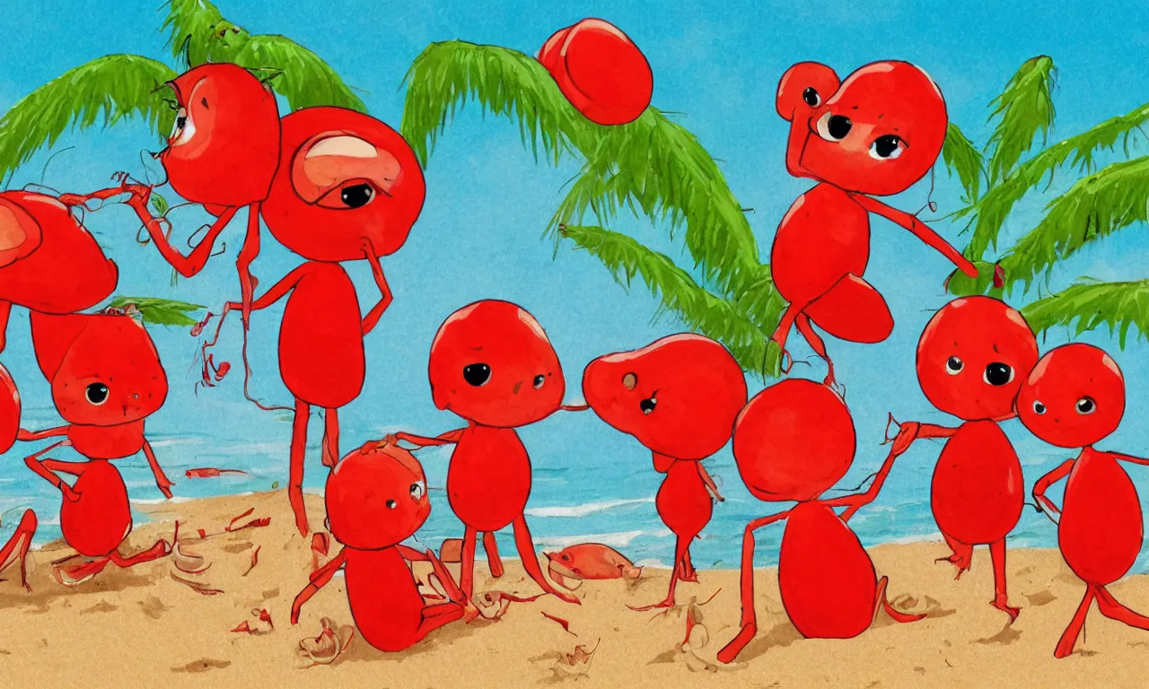 Prompt: a group of red cute hermit on sandy beach, cartoon