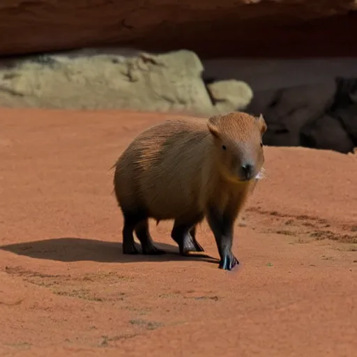 Image similar to a capybara in mars talking to a man