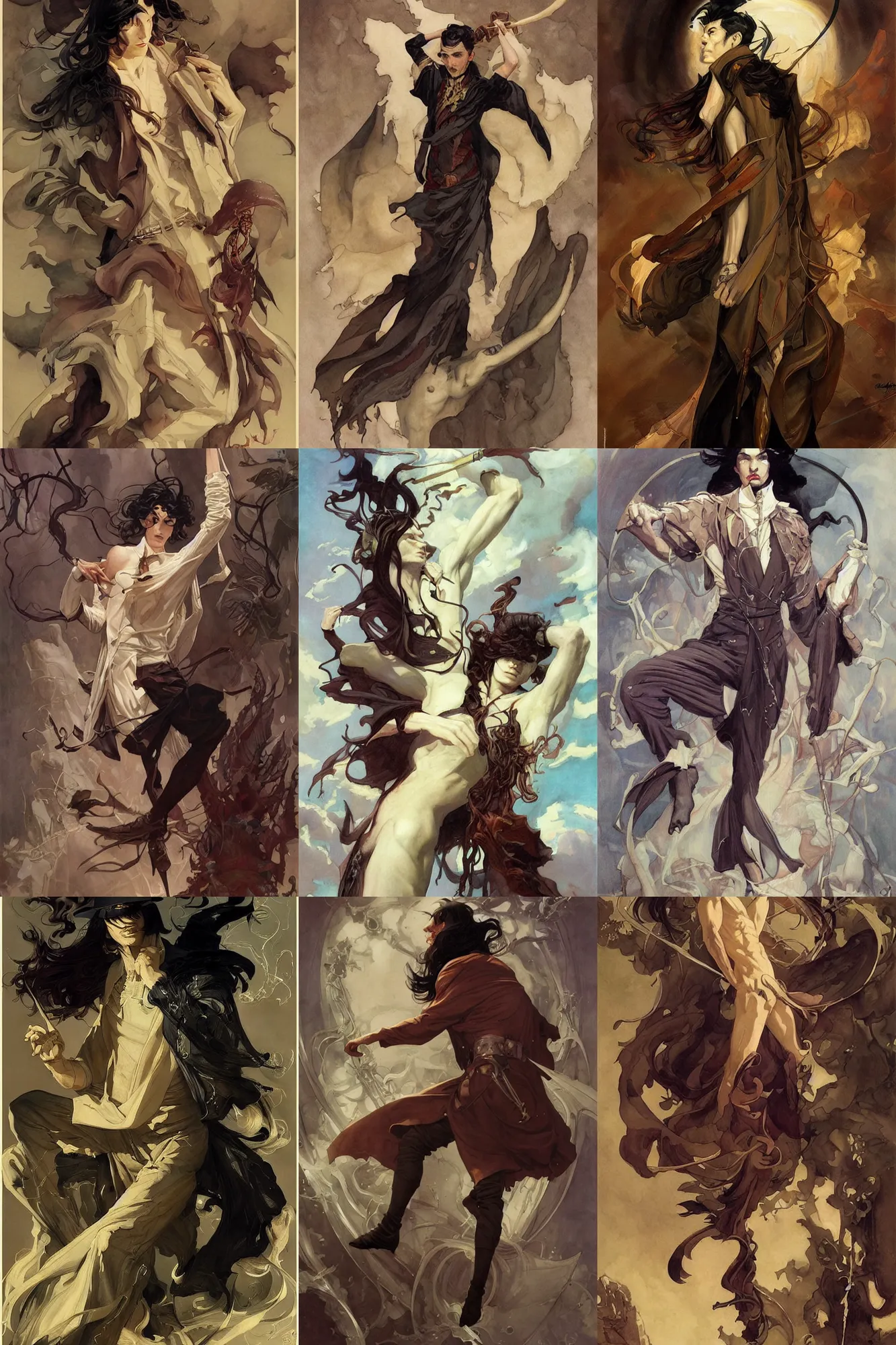 Prompt: thin male mage with long dark hair, 1 9 2 0 s fashion, fantasy, art by joseph leyendecker, peter mohrbacher, ruan jia, finnian macmanus, marc simonetti, ayami kojima, vasnetsov, cedric peyravernay, james jean