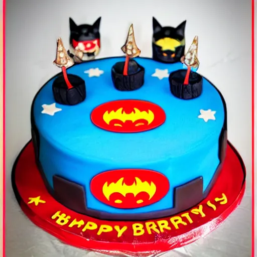 Image similar to chinese bat superhero birthday cake, kodak film,