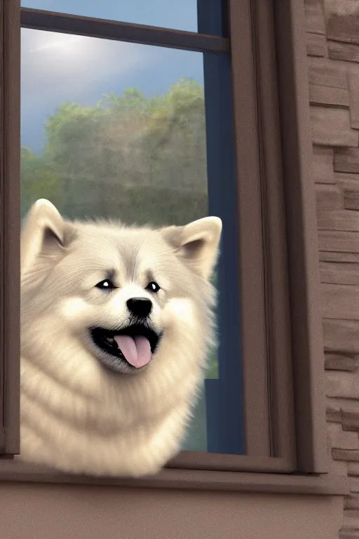 Image similar to happy finnish lapphund dog wearing a crown at house window. pixar disney 4 k 3 d render funny animation movie oscar winning trending on artstation