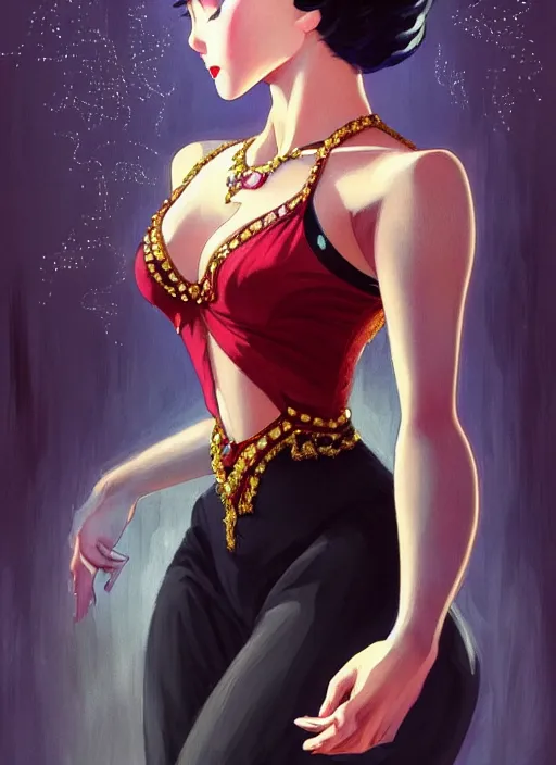 Image similar to a beautiful dancer with black hair in 1930's fashion, ballroom background, intricate, highly detailed, digital painting, artstation, official media, anime key visual, concept art, rich vivid colors, ambient lighting, sharp focus, illustration, art by Artgerm, Makoto Shinkai, Ilya Kuvshinov, Lois Van Baarle, and Rossdraws