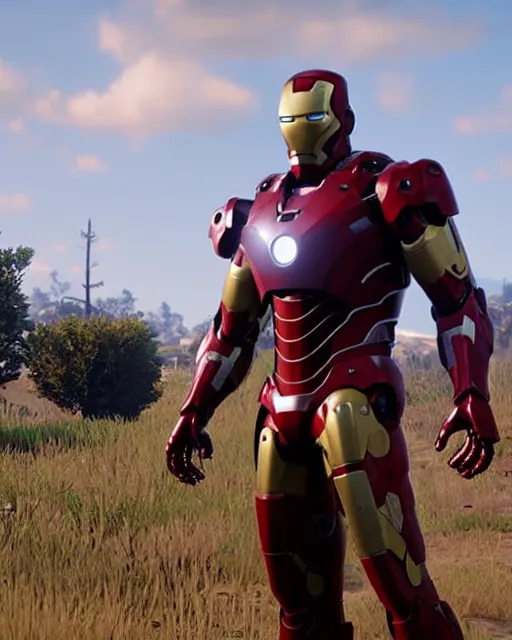 Image similar to robust and bulky iron man suit in red dead redemption 2, cinematic, photorealistic