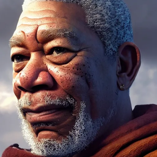 Image similar to morgan freeman as gimli in lord of the rings, high detail shot, smoking, render, cgsociety, photorealism