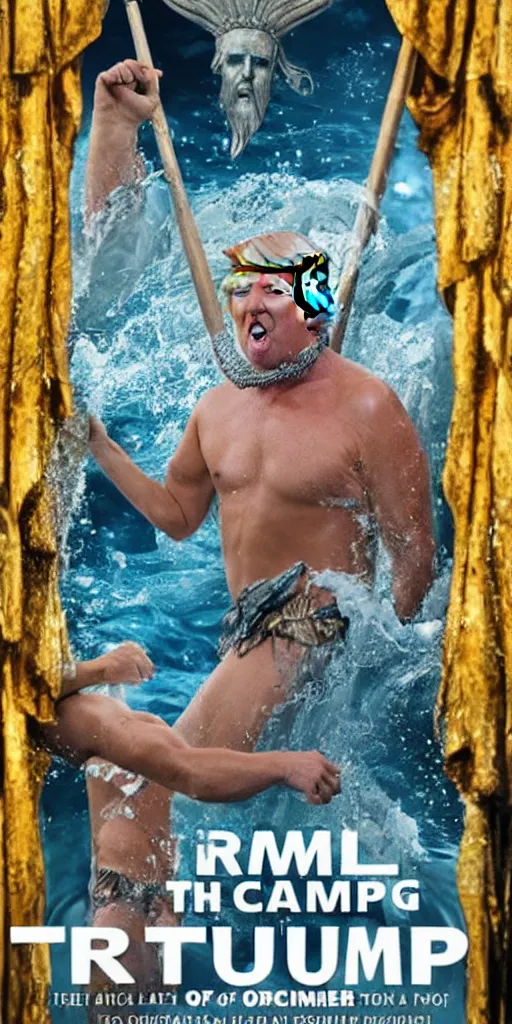 Image similar to donald trump as poseidon, king of the ocean, movie poster