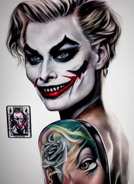 Image similar to tattoo design of beautiful margot robbie with joker makeup on the mouth and holding ace card, in the style of den yakovlev, realistic face, black and white, realism tattoo, hyper realistic, highly detailed