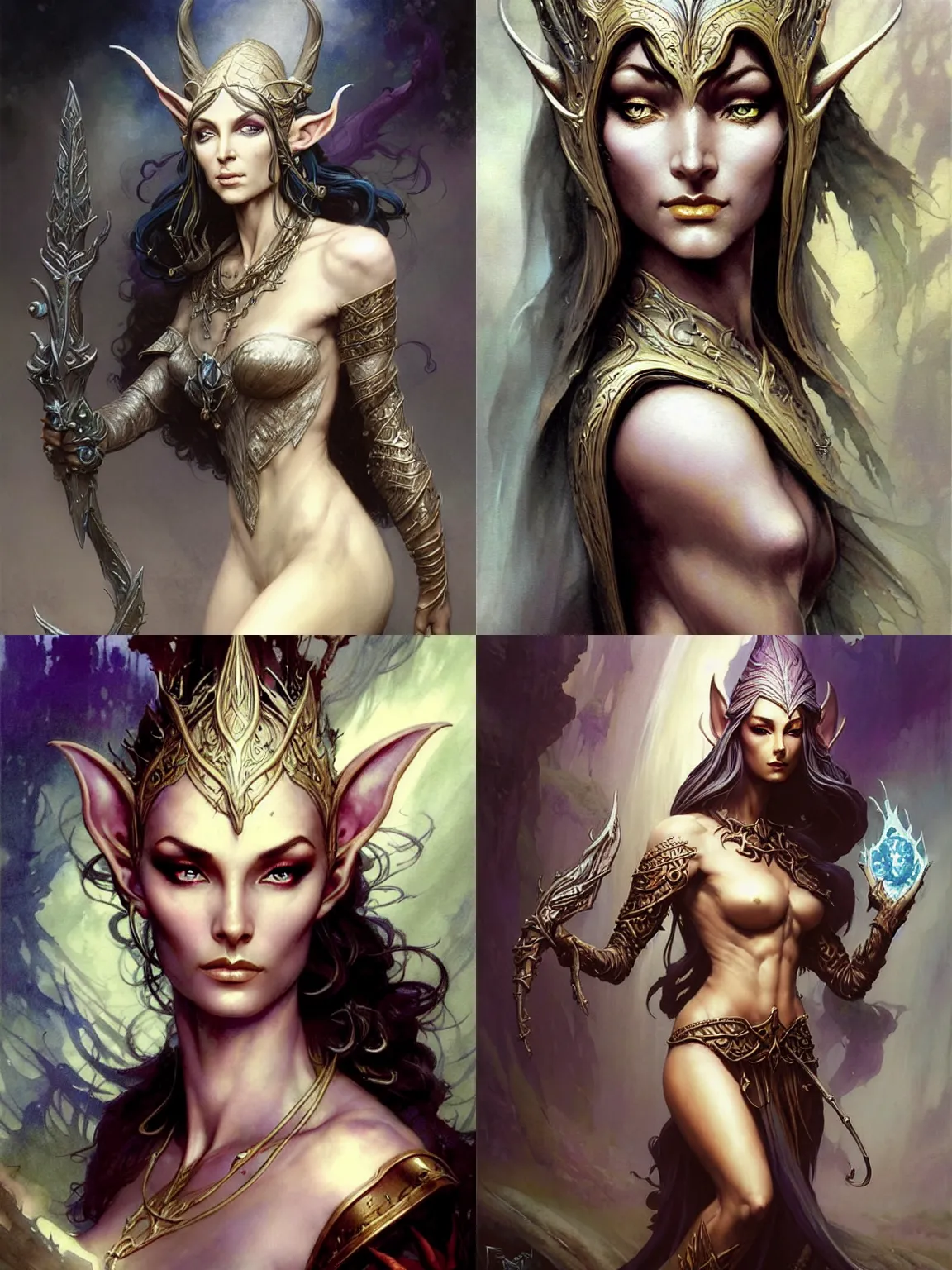 Prompt: A mixed media painting of a beautful female elven cleric, magical, very aesthetic, detailed face, by Frank Frazetta, Greg Rutkowski, Boris Vallejo, Beeple, Christian MacNevin, Lucas Graciano, digital art, steve argyle, peter Mohrbacher, Davi Blight, epic fantasy character art, high fantasy, CGsociety, exquisite detail, post-processing, low angle, masterpiece, cinematic