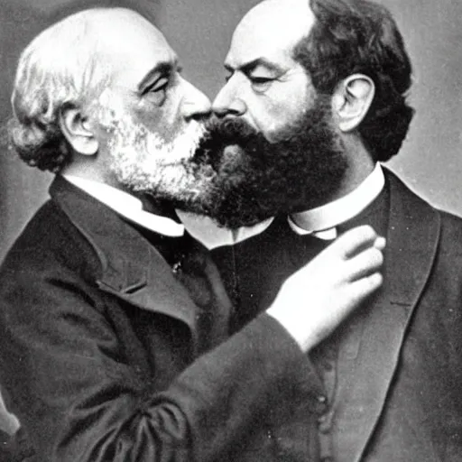 Image similar to Karl Marx and Sigmund Freud kissing, 1920, Bedroom backround