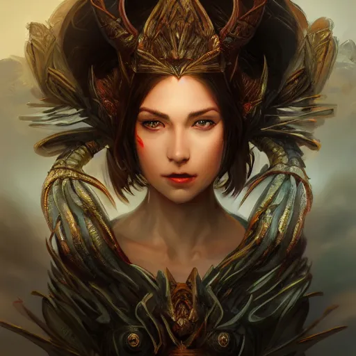 Prompt: stunning comic book style portrait painting of a dragon goddess, wide view, by WLOP, 8k masterpiece, cinematic lighting, pristine and clean design, high fantasy, insanely detailed, atmospheric,