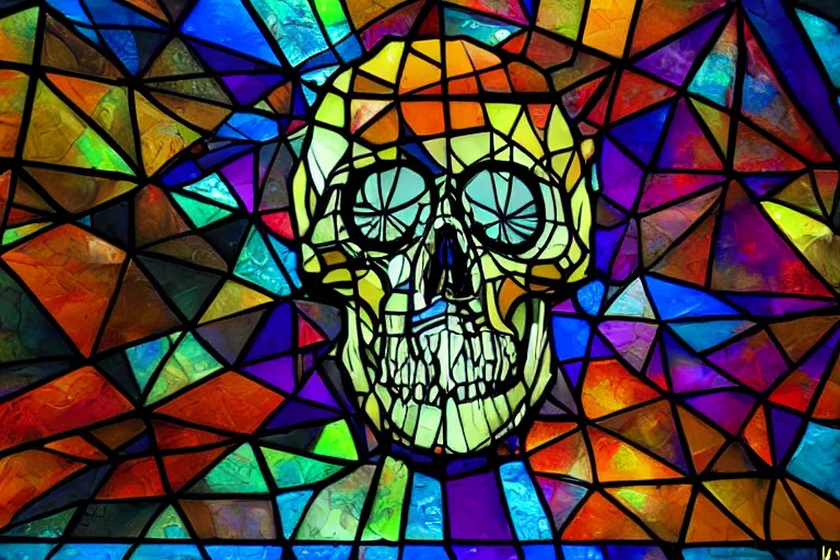 Prompt: an epic fantastic realism comic book style painting of a skull shaped glassine fractal dichroic shard geometry low poly stained glass window, dynamic lighting