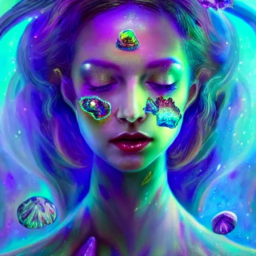 Image similar to An extremely psychedelic crystalline soul fairy, multifaceted, crystals, surreal, dramatic lighting, magic mushrooms, psilocybin, LSD, face, detailed, intricate, elegant, lithe, highly detailed, digital painting, artstation, concept art, smooth, sharp focus, illustration, art by Krenz Cushart and Artem Demura and alphonse mucha