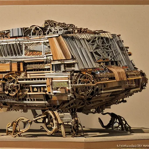 Prompt: mechanical tirex in urbanistic wood, hyperrealistic, style of james gurney