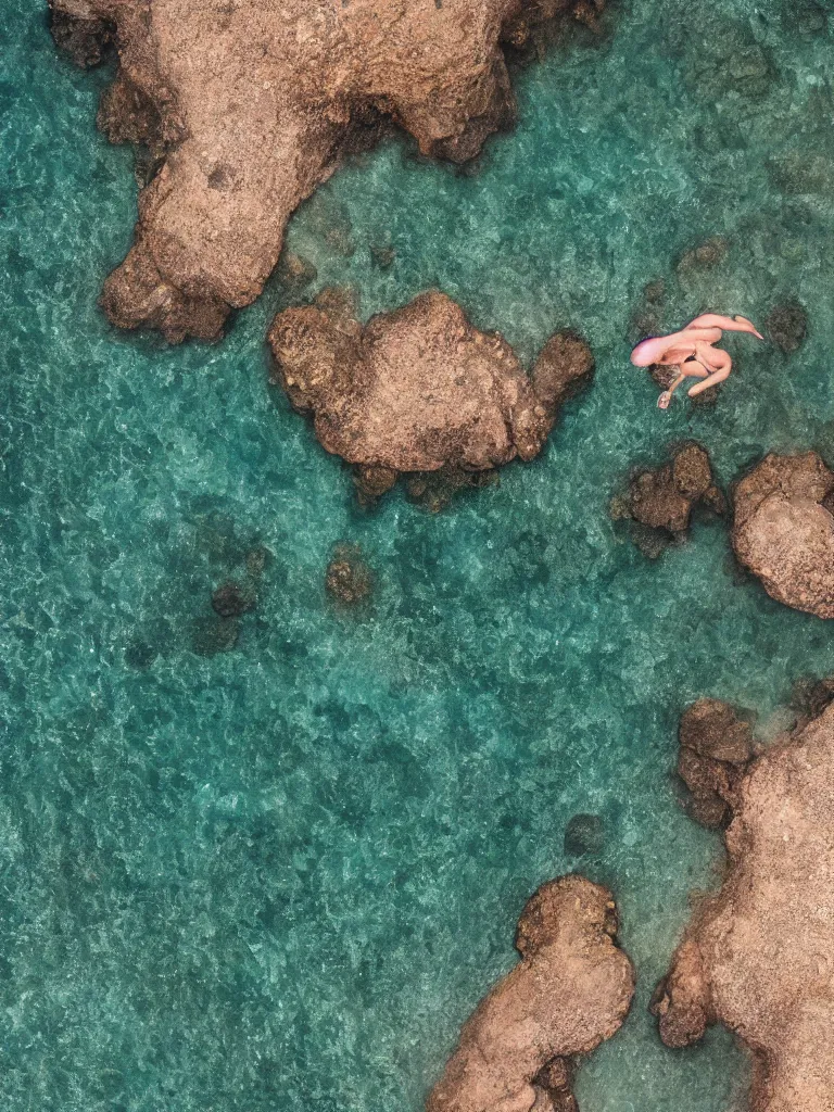 Prompt: person on a island shot from overhead by disney concept artists, blunt borders, rule of thirds