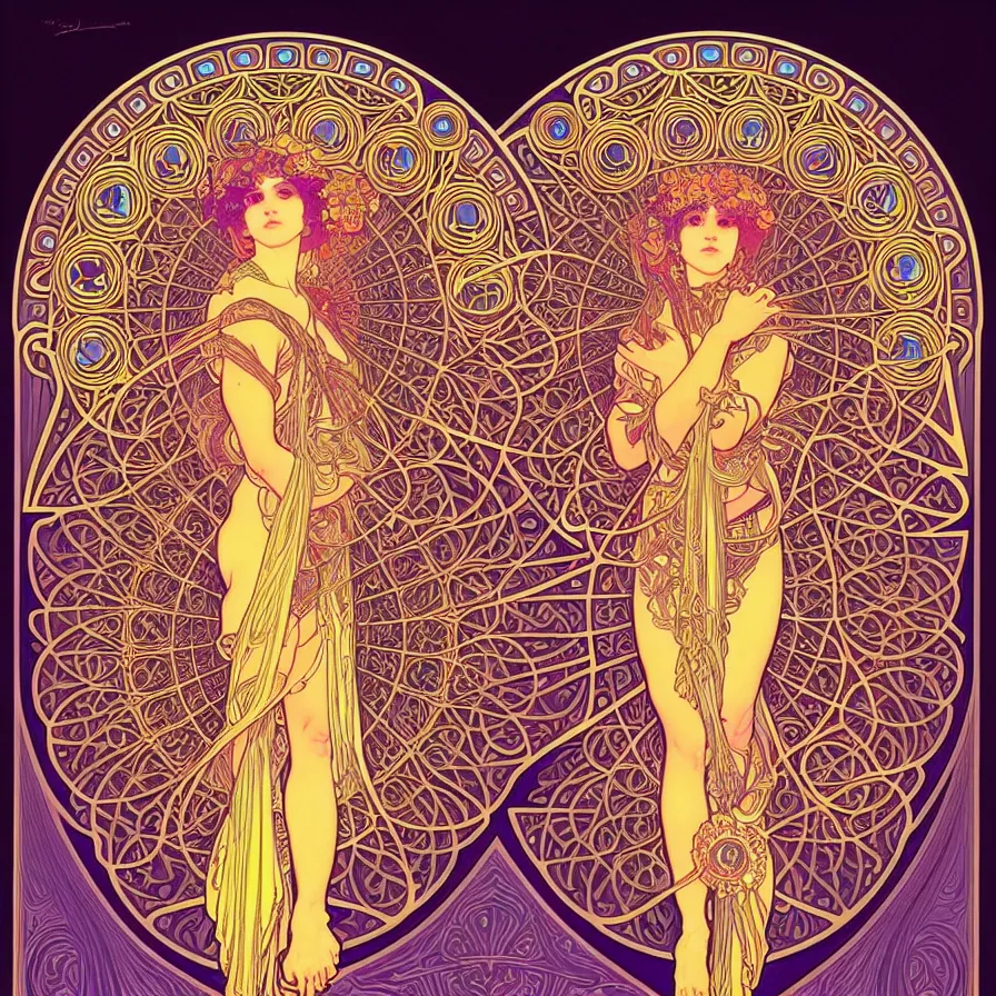 Image similar to psychedelic sacred geometry, intricate, sophisticated, ultra realistic, incredibly detailed, diagram, illustration, trending on artstation, art by alphonse mucha