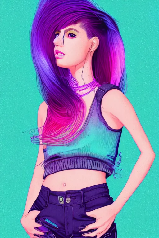 Image similar to a award winning half body portrait of a beautiful woman with stunning eyes in a croptop and cargo pants with ombre purple pink teal hairstyle and hands in pockets by thomas danthony, surrounded by whirling illuminated lines, outrun, vaporware, shaded flat illustration, digital art, trending on artstation, highly detailed, fine detail, intricate