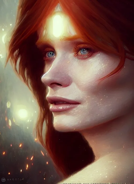 Prompt: portrait of bryce dallas howard, digital art by artgerm and greg rutkowski, gaston bussiere, sakimi chan and android jones and karol bak, cinematic lighting, trending on artstation, volumetric dust, intricate, elegant