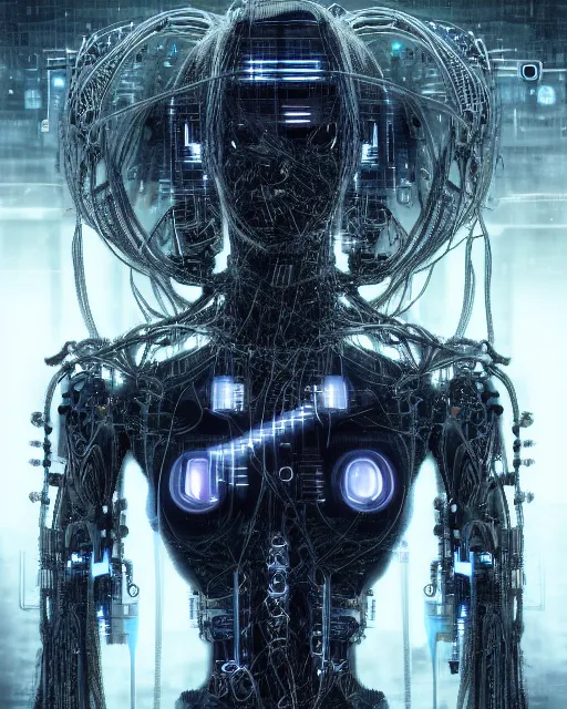 Image similar to portrait photo of an aesthetic biomechanical cyborg plugged into a quantum computer with cables and wires and optic fibers. cyberpunk horror style. art by luis royo. highly detailed 8 k. intricate. nikon d 8 5 0 5 5 mm. award winning photography.