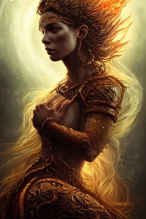 Image similar to majestic and regal portrait of a beautiful young female fire goddess!!, intricate, epic, elegant, menacing, fantasy, highly detailed, digital painting, hard focus, beautiful volumetric lighting, epic light, ultra detailed, souls, smoke, by leesha hannigan, ross tran, thierry doizon, kai carpenter, ignacio fernandez rios