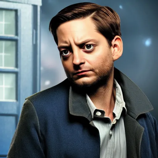 Image similar to tobey maguire as a rough dirty old man with a scruffy beard in a dark blue trenchcoat as the new doctor who, cinematic, volumetric lighting, f 8 aperture, cinematic eastman 5 3 8 4 film, photorealistic