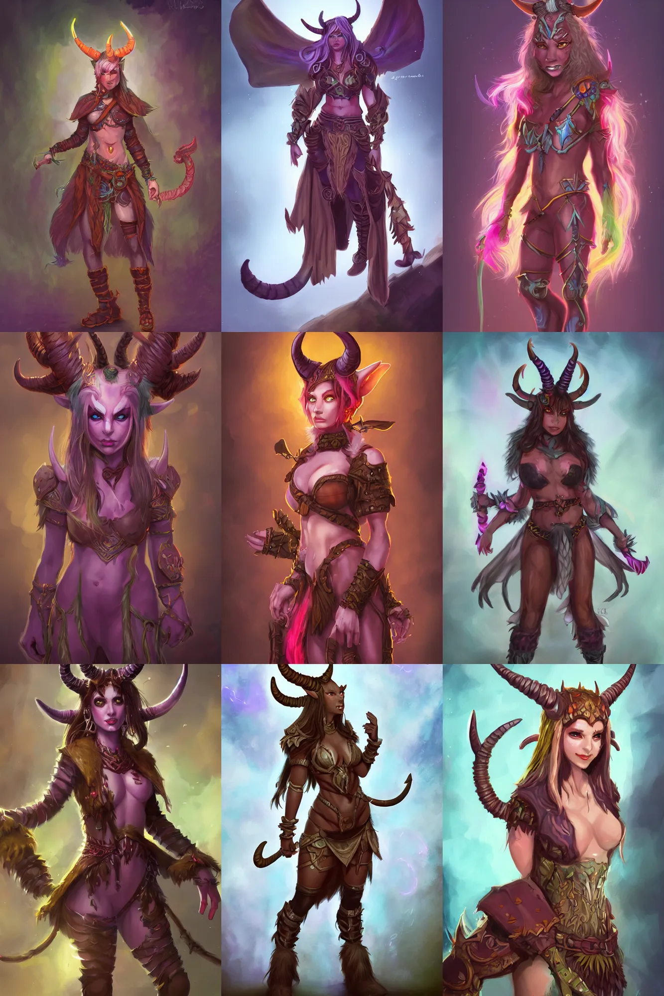 Prompt: cute Tiefling Druid with cute horns, colorful light leather armor , light brown skin, long demon tail wrapping around highly detailed, digital painting, artstation, concept art, sharp focus, illustration