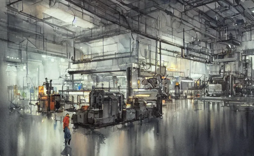 Image similar to concept art of a industrial complex, pinterest, artstation trending, behance, watercolor, by coby whitmore, silver, laser light,