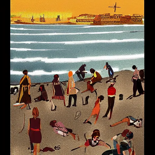 Image similar to This digital art depicts a scene from the Spanish Civil War, which was a time of great turmoil and strife in Spain. The digital art shows a group of people on a beach, with the ocean in the background. The people in the digital art are all different sizes and shapes, and they are all looking in different directions. The digital art is full of color and movement, and it is very expressive. The digital art is also very powerful and emotional, and it has a very strong impact on the viewer. by Linnea Strid amorphous, quiet