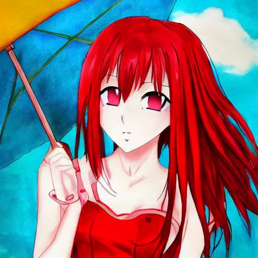 Prompt: a portrait of a red head anime girl holding a red umbrella by miley dragneel