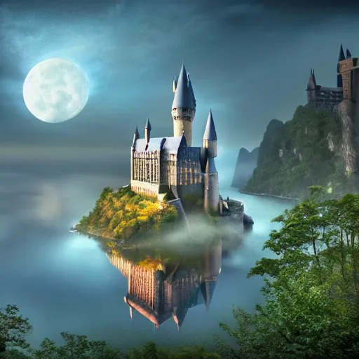 Prompt: Hogwarts, ship on Lake, misty, HDR, by Simon Stålenhag, moon, clouds, mist, moon rays, Zhangjiajie in early morning, light and shadow, Shin-hanga by Thomas Kinkade and Bob Ross, traditional Japanese colors, superior quality, masterpiece, featured, trending, award winning, HD, UHD, 4K, 8K, anamorphic widescreen