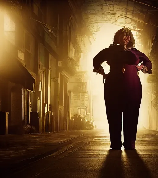 Image similar to portrait of a steampunk fat woman, volumetric lighting, cinematic,4k,35mm,street photo, epic