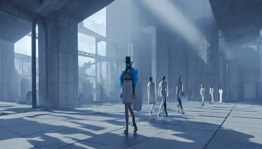 Prompt: Fashion Catwalk!! on a brutalist platform in an Angelic Floating City in the Clouds, Hyperrealistic, Intricate Details, Raytracing, Volumetric Lighting, Lightshafts, Blue and White Color Palette, Unreal Engine 5, Photorealism, Concept Art