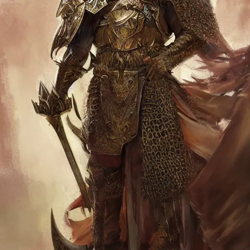 Prompt: An upper body portrait of a king with a trimmed beard, dual wielding swords, wearing dragonscale armor and a cheetah pelt cloak, fantasy, digital art by Ruan Jia