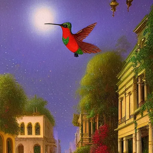 Prompt: many jewel colored hummingbirds with milky eyes hovering around plants in a renaissance architecture city street at night with rainforest greenery, hudson river school style, illustration, bright colors