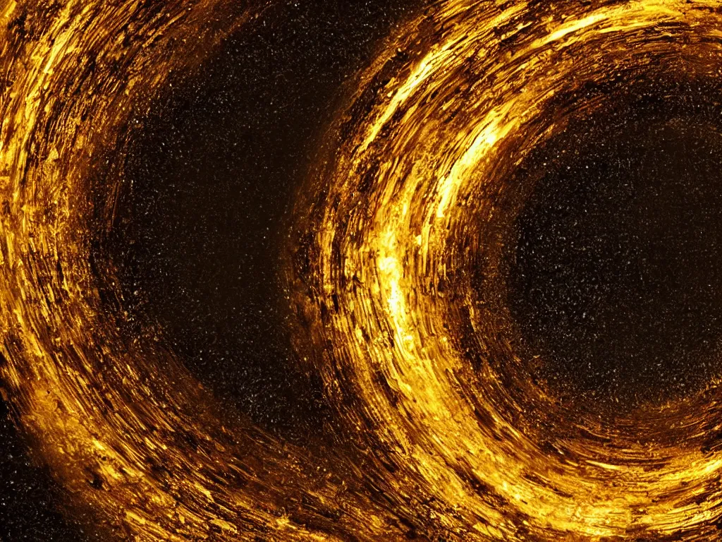 Prompt: black hole absorbs an ocean of fluid gold, interstellar, 8 k, hyperdetailed, 3 d animation, realism, big depth of field