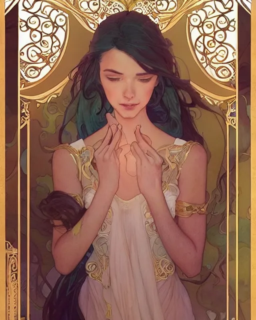 Image similar to secret romance, highly detailed, gold filigree, romantic storybook fantasy, soft cinematic lighting, award, disney concept art watercolor illustration by mandy jurgens and alphonse mucha and alena aenami, pastel color palette, featured on artstation